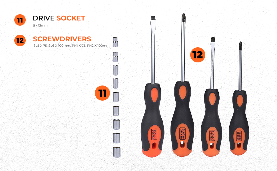 BLACK+DECKER BMT126C Hand Tool Kit for Home & DIY Use (126-Piece) - Includes Screwdriver, Wrench, Ratchet, Saw, Claw Hammer, Measuring Tape and Plier, ORANGE & BLACK