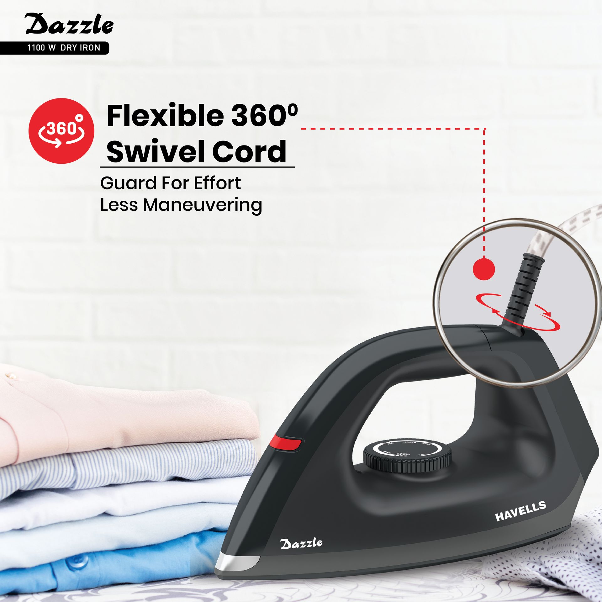 Havells Dry Iron Dazzle 1100 Watts, Iron Press, Greblon Non Sick Soleplate with German Technology| Shock Proof Body| Aerodynamic Design, 360° Swivel Cord|2 Years Door Step Warranty by Havells (Black)