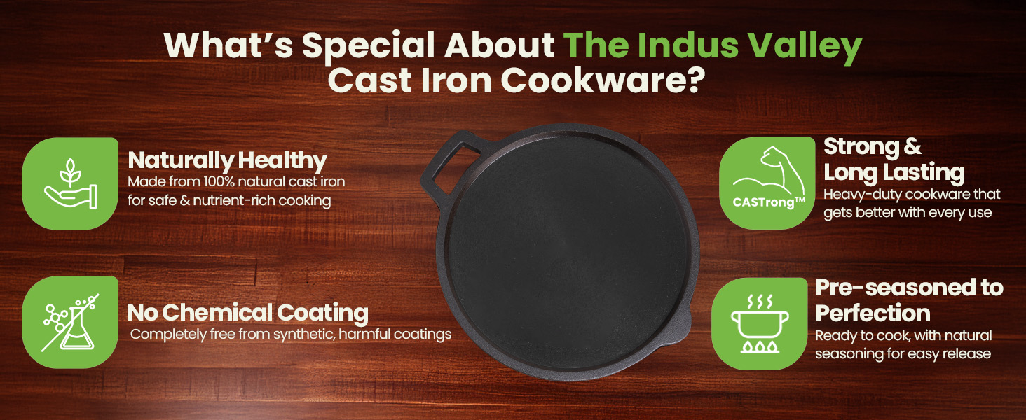 The Indus Valley Super Smooth Cast Iron Tawa with Free Wooden Spatula for Dosa/Chapathi | 27.6cm/10.8 inch, 2kg | Induction Friendly | Naturally Nonstick, 100% Pure & Toxin-Free
