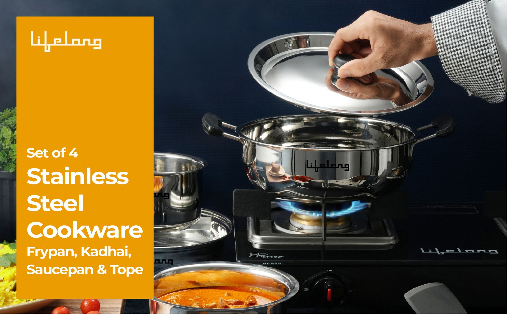 Lifelong 4 Pc Stainless Steel Cookware Set | 2.2L Kadhai with Lid 22cm | 1.4L Fry Pan 22cm | 1.2L Saucepan 14cm |1.4L Tope 16cm | Comes with Common Lid | Induction & Gas Compatible |Bakelite Handles