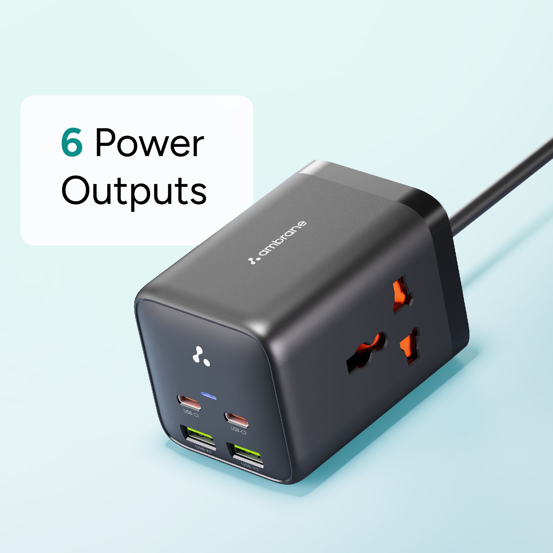 Ambrane 6-in-1 Power Hub Charger 65W Fast Charging, 6 Ports - 2 Type-C, 2 USB, 2 AC Sockets (2500W), Multi-Port Desktop Charger for Laptop, iPhone, Android, Portable Charging Station (Charge Hub 65)