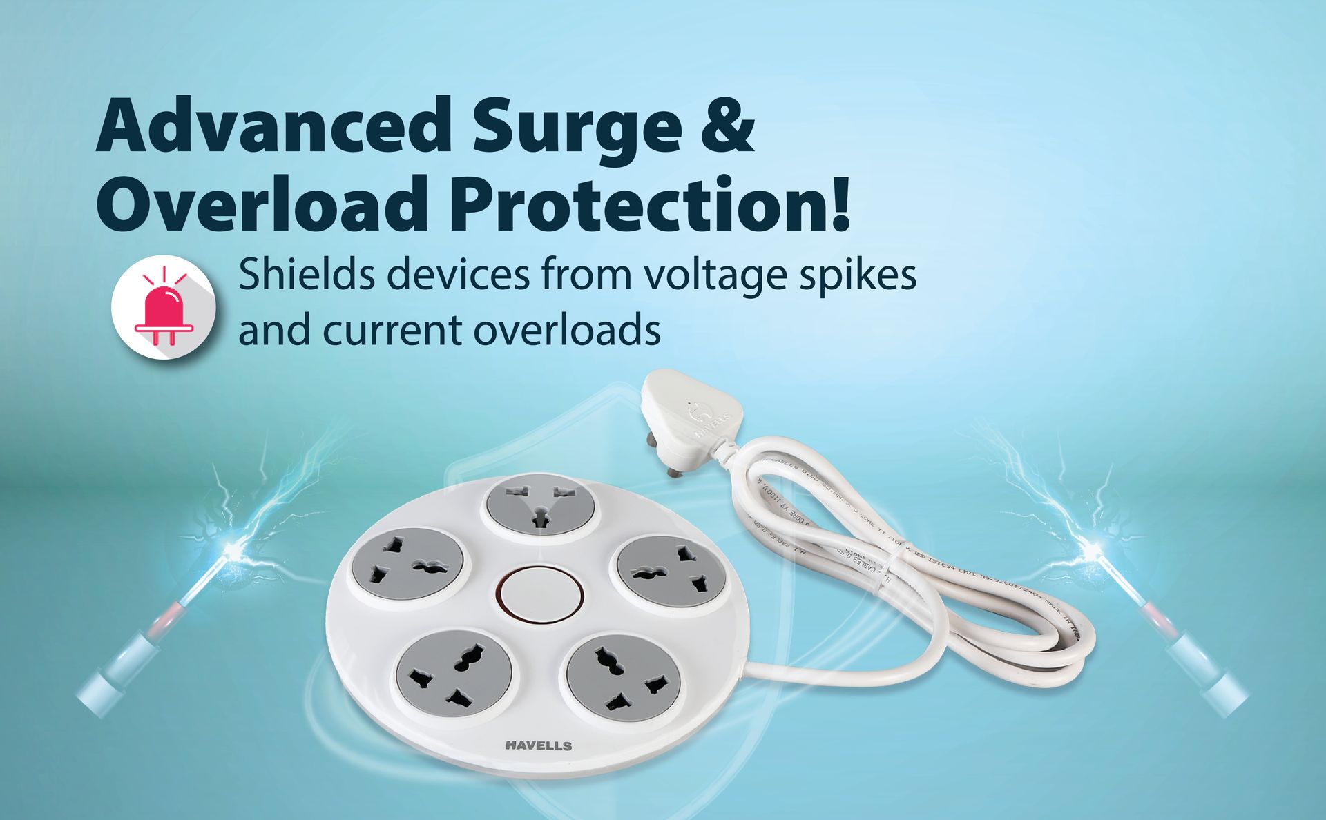 Havells Wheel Star 5X 5+1 Round Extension Board | Overload, Over Current & Over Voltage Protection | 1.5 Mtr Copper Wire | ISI Certified Wire & Plug | Universal 3 Pin 5 Sockets | LED Indicator | Home & Office Use
