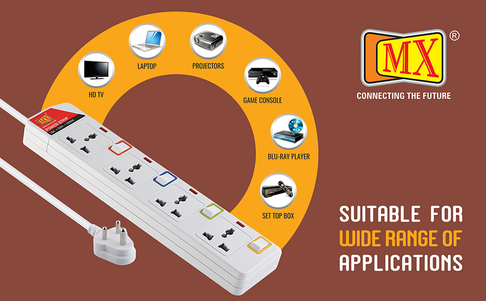 MX 4‑Way Power Strip with Universal Sockets, Individual Switches, 2 USB Charging Ports, Heavy Duty Surge Protector with Extension Cord, Multi Outlet Power Strip, Outlet Extender