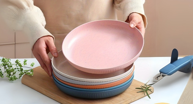 Wheat Straw Dinner Plate Set, Eco-Friendly Dinner Set Round Serving Plate, Dishwasher & Microwave Safe - Perfect for Dinner Dishes Deep Plates Easy to Clean (Pink, Medium)