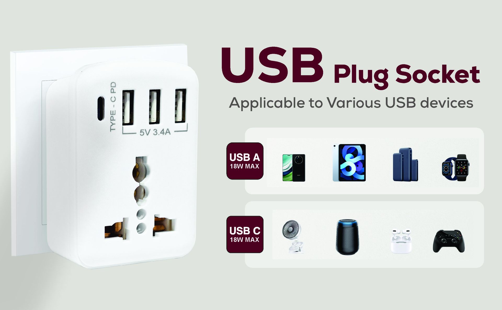 MX 5-in-1 MultiPort Adapter with Cordless Extension Board | Universal AC Socket, 1 x Type C, 3 x USBs, 2500W Output, 15W USB C & 3.4A USB-A PD Charging Output, Ideal for Tight Spaces, Travel Adapter