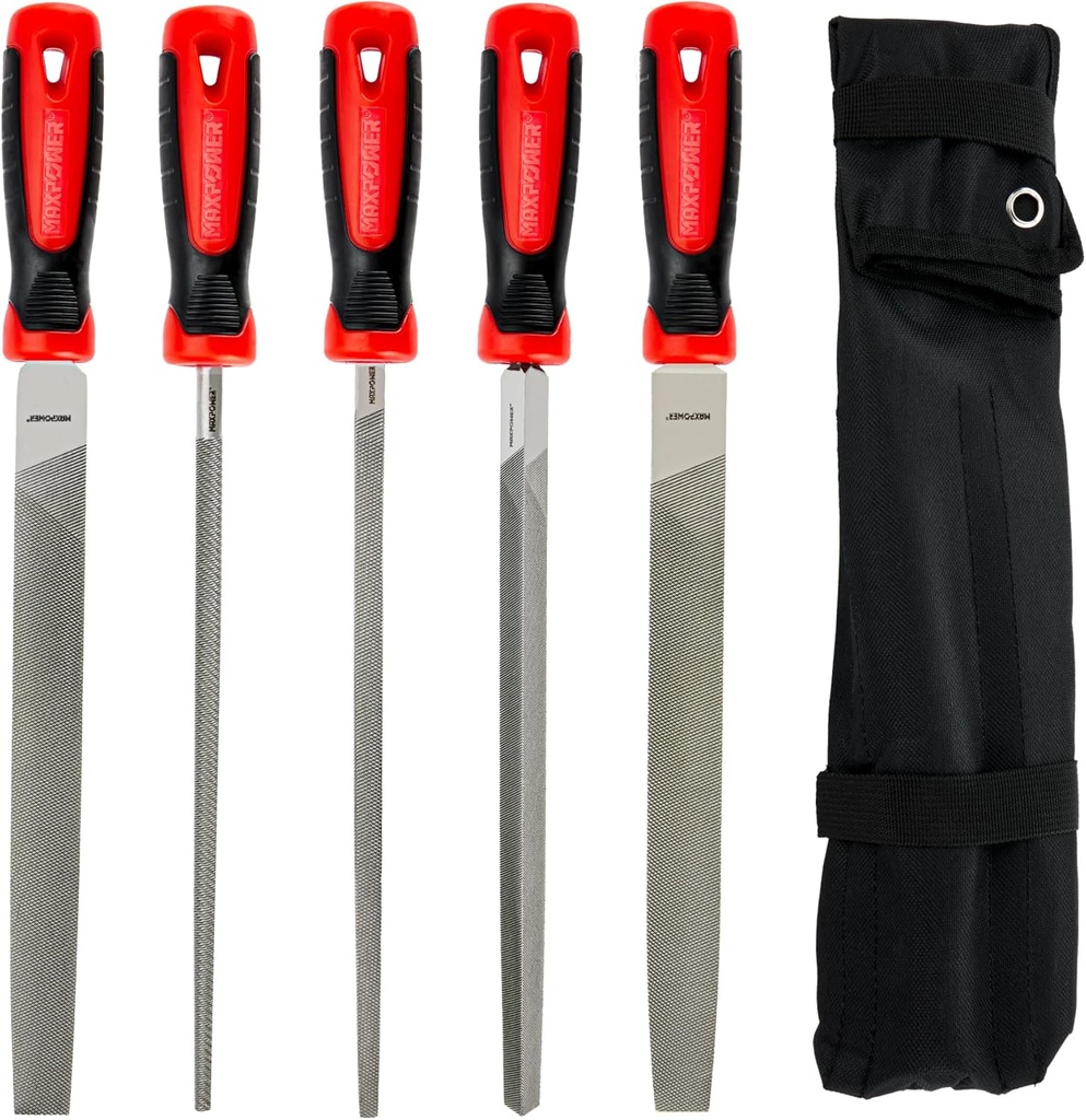 MAXPOWER 10-inch Metal File Set, 5 Pieces Hand Files Including Flat, Round, Half-Round, Triangle and Square, Soft Grip Handle, File Set for Wood, Metal Work and DIY