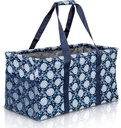 Extra Large Utility Tote Bag - Oversized Collapsible Reusable Wire Frame Rectangular Canvas Basket With Two Exterior Pockets For Beach, Pool, Laundry, Car Trunk, Storage - Navy Sunflower
