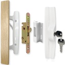 Patio Sliding Patio Door Handle Set with Mortise Lock, Key Cylinder and Keeper, Wood Handle Lock Set Fits Door Thickness from 1-1/2" to 1-3/4", 3-15/16" Screw Hole Spacing, Keyed, White