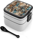 Blue And Brown Bento Box - Double Layer, Leakproof Food Containers with Partition & Spoon, Stackable Lunch Box for Office, Travel, Camping