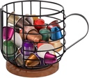 Large Coffee Pod Holder with Handle — Storage Basket with Wooden Base for Kitchen & Cafes