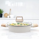 SOLARA Belmont Ceramic Non Stick Kadai with Lid for Cooking, 2.2 Litre/24Cm Non Stick Kadhai, Cast Aluminium Body caserole, Stew Pot, Biriyani Bowl, Gas & Induction Compatibil, Ivory
