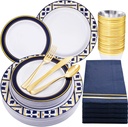 Nervure 175PCS Blue Plastic Plates - White Blue Gold Disposable Plates Include 25Dinner Plate, 25Dessert Plate, 25Cups, 25Forks, 25Knives, 25Spoons, 25Napkins for Wedding & Party