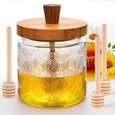 Glass Honey Dispenser No Drip, 17.5 OZ Oversize Glass Honey Jars with Dipper and Lid Diamond Design Enhances Table Setting, Honey Pot Set Honey Container