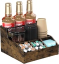 Coffee Station Organizer for Countertop, Wood Coffee Bar Organizer, Tea Condiment Storage for Pods, Syrup, Cups, Stirrer, Tea, Kitche Office Countertop, Brown