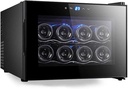 Mini Wine Cooler 8 Bottle Thermoelectric Wine Cellar Fridge Small Countertop Constant Humidity Wine Refrigerator Wooden Shelves Glass Door Black