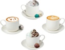 Espresso Cups Set of 4 with Matching Saucers – 4 oz White Porcelain Demitasse Cups for Italian, Turkish, or Lungo Coffee – 8-Piece Set