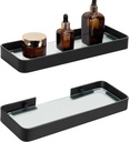Uquelic 12 Inch Glass Bathroom Shelves, 2pcs Modern Floating Shelf, Matte Black Aluminum Frame, Clear Tempered Glass, Wall-Mounted Bathroom Shelf