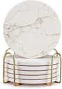 6 Pack White Marble Coaster Set with Holder Absorbent Drink Coasters Ceramic Cute Coaster Bar Dining Coffee Table Accessories Decor Gift Funny Cup Stone Modern Costers Cool Desk Beer Cork Coasters