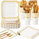 Sieral 700 Pcs Gold Dinnerware Set for 100 Guests 200 Disposable Paper Plates 100 Rimmed Cups 100 Napkins 300 Plastic Silverware for Wedding Birthday Autumn Holiday Party Supplies