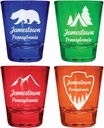 Jamestown Pennsylvania Souvenir 4-Pack Multicolor Engraved Round Shot Glasses Camping and Outdoors Set