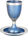 Modern Footed Kiddush Cup with Saucer Set - Blue Accents Anodized Stemmed Wine Goblet 5.75" Tall Wine Cup for Passover Seder, Shabbat Bar/Bat Mitzvah, Wedding Elija Cup Judaica Gifts by Zion Judaica