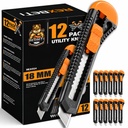 REXBETI 12Pack Utilitate cuțit, Cutter cutie retractabilă pentru cutii, carton și cutii, 18mm Wider Razor Lama Sharp, Mecanism neted, Perfect pentru birou și utilizare la domiciliu