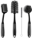 Dish Brush Set of 4 - Kitchen Scrub Brushes with Non-Slip Long Handle for Cleaning, Scrubber, Dishwashing, Dishes, Bottles, Straws, Cups, Pots & Sink, Black