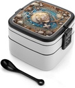All-in-One Bento Box Stackable Leak-Proof Lunch Box With Carry Handle 2 Layer Portable Meal Prep Container Ocean Shell Art Lunchbox with Utensils for Dining Out Work